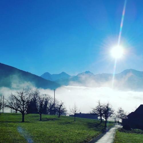 a road in a field with the sun in the sky at SwissHut Modern Chalet with Spa - Chalet Beunden in Beatenberg
