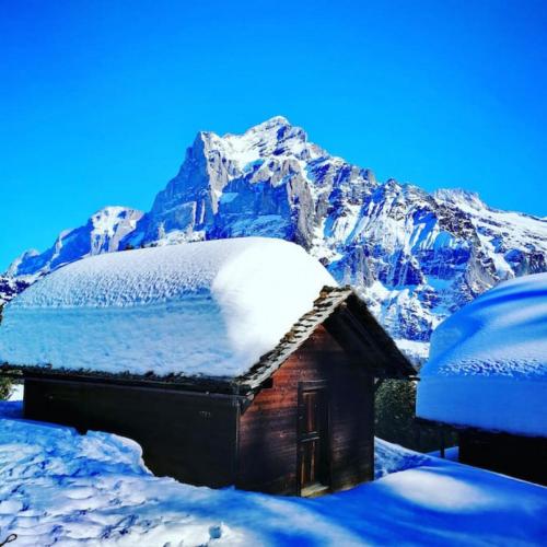 a snow covered cabin with a mountain in the background at SwissHut Stunning Views Alps Lake - Apart. Felden in Sigriswil