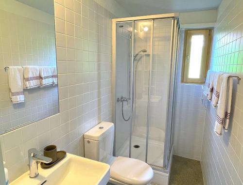 a bathroom with a shower and a toilet and a sink at SwissHut Stunning Views Alps Lake - Chalet Aeschlen in Sigriswil
