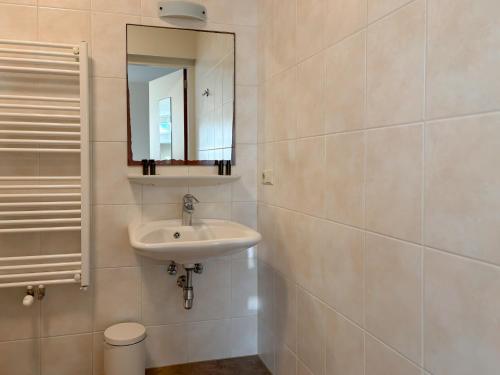 a bathroom with a sink and a mirror and a toilet at VISSERSLUST Rooms, Apartments and Houseboats in Vinkeveen