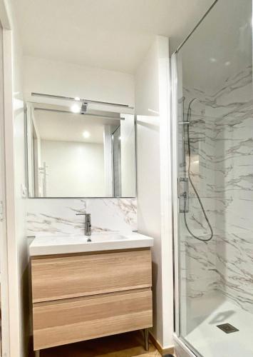 une salle de bain avec un lavabo et une douche dans l'établissement Belsuite Appartement - Parking - Hyper Centre - Ascenseur, à Rennes