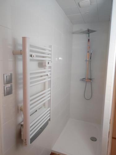 La salle de bains est pourvue de murs blancs et d'un miroir mural. dans l'établissement Le Loft au fil de l'eau, à Saulzoir