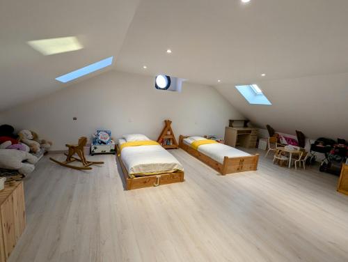 - une chambre avec 2 lits dans une pièce dotée de lucarnes dans l'établissement Grande ferme de 250m2 rénovée au charme rustique, à Mazet-Saint-Voy