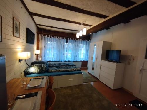 a room with a bed and a television in it at Erdgeschosswohnung im historischen Fachwerkhaus in Alsfeld inklusive PKW-Parkplatz in Alsfeld