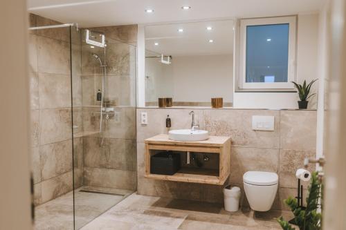 ein Badezimmer mit Dusche, Waschbecken und Toilette in der Unterkunft Ferienwohnung Schneeglück für 10 Personen in Winterberg