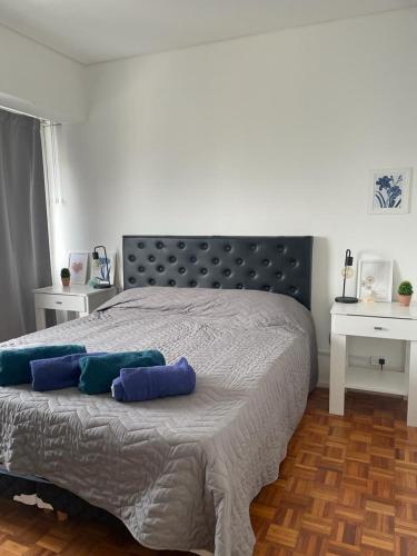 Piso 24 vista al Obelisco في بوينس آيرس: غرفة نوم بها سرير ووسادتين عليه