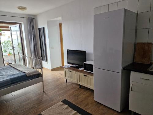 a room with a refrigerator and a television on a table at Las palmeras B in Güimar