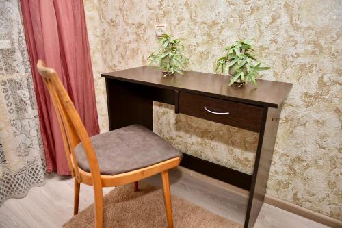 a wooden desk with two plants on top of it at Двокімнатна квартира, Харківська, 25 in Sumy