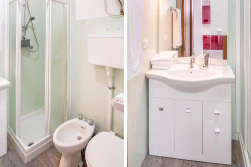 two pictures of a bathroom with a toilet and a sink at Apartment Alba Gardena in Bardolino