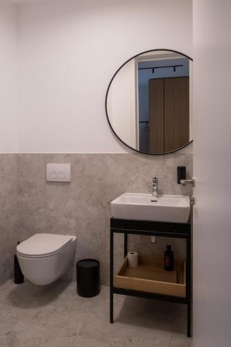 a bathroom with a sink and a toilet and a mirror at Chalet Waldzauber Your Alpine Escape in Bad Kleinkirchheim Near the Ski Lift in Bad Kleinkirchheim