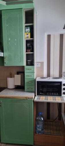 a kitchen with green cabinets and a microwave at Kraljevi Konaci Olja in Zlatibor