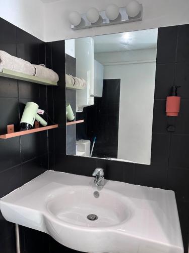 une salle de bain avec un lavabo blanc et un miroir dans l'établissement Le clos d'Aix studio 205 parking et piscine gratuite, à Aix-en-Provence