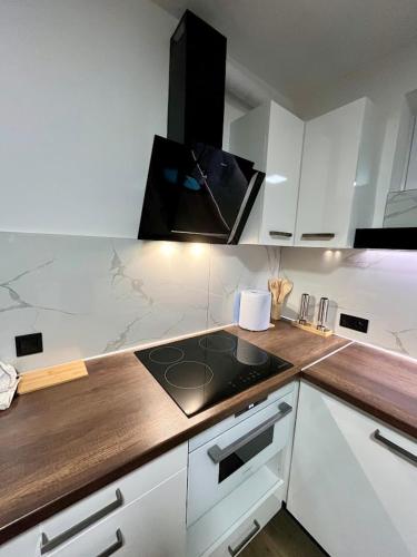a kitchen with a stove and a counter top at Domek Prosetin244 in Prosetín
