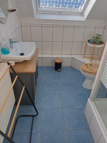 a bathroom with a sink and a toilet at Ferienwohnungen 20er in Byhleguhre-Byhlen