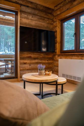 a room with a table and a tv in a cabin at Aurum Cabins in Zlatibor