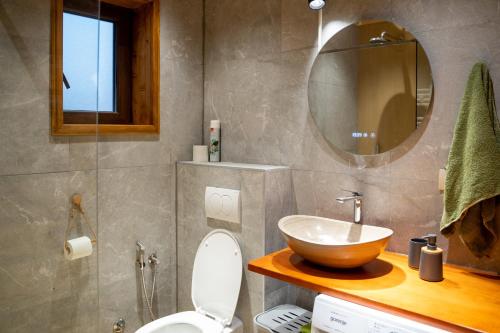 a bathroom with a bowl sink and a toilet at Aurum Cabins in Zlatibor