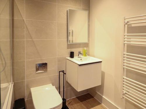 a bathroom with a toilet and a sink and a mirror at Glynllifon 3 in Llanallgo