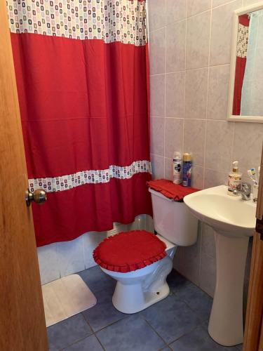 a bathroom with a toilet and a red shower curtain at Cabaña Licanray, vista volcán Villarrica y lago Calafquén in Licán Ray