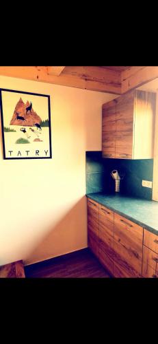 a kitchen with wooden cabinets and a picture on the wall at Domki Siychlanski Potok in Murzasichle