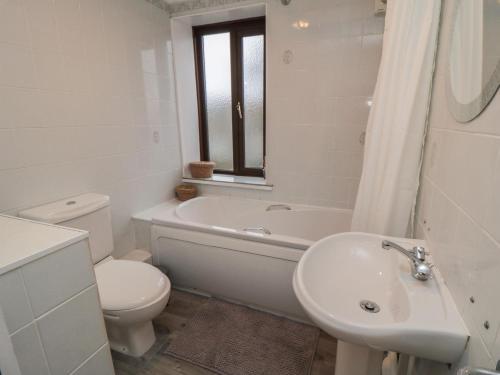 een witte badkamer met een toilet en een wastafel bij Providence Cottage in Whitby