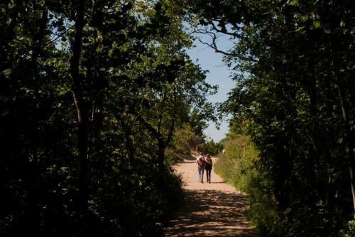 two people walking down a dirt road with trees at Evancy Etoile Des Dunes in Bray-Dunes