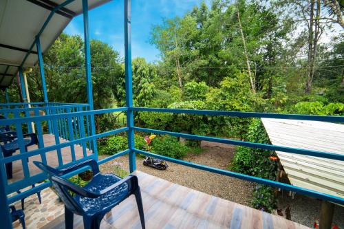 a blue railing on a deck with a chair at La Posada de las Aves in San Rafael