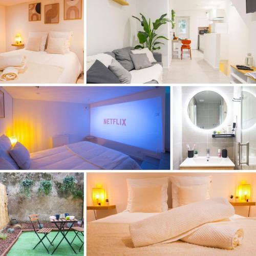 un collage de photos d'une chambre d'hôtel dans l'établissement Souplex - Centre - Terrasse - Clim, à Valence