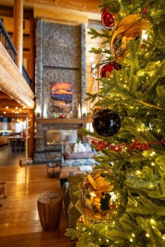 a christmas tree in a living room with a fireplace at Luxury Family Cabin at Summit West in Snoqualmie Pass