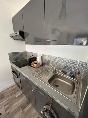 une cuisine avec un évier et un plan de travail dans l'établissement F2 Hypercentre Terrasse Talleyrand, à Reims