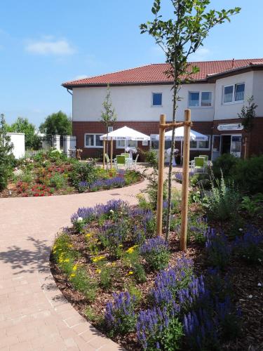 a garden with purple flowers in front of a building at Hotel Rosenhof in Isenbüttel