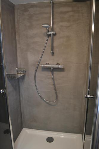 a shower in a bathroom with a glass door at Guesthouse de Hoogkamp in Arnhem