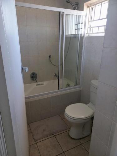 a bathroom with a shower and a toilet and a tub at 215 Sea View in Cape Town