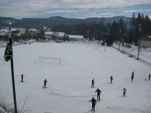 a group of people skiing down a snow covered slope at Vila Anka in Malinska