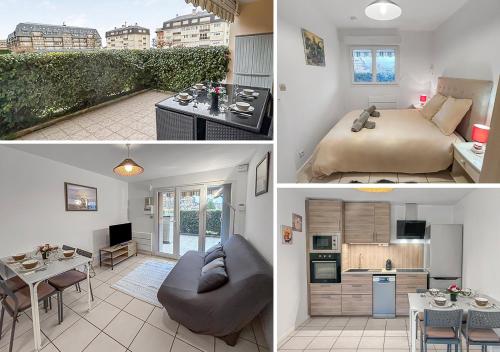 un collage de trois photos d'une chambre et d'un salon dans l'établissement Grande terrasse privée à 5min de la Plage à pied, à Villers-sur-Mer