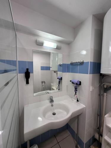 une salle de bain avec un lavabo et un miroir dans l'établissement Le clos d'Aix studio 304 parking et piscine gratuite, à Aix-en-Provence