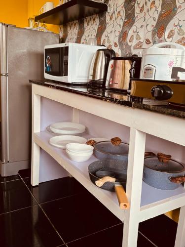 a kitchen with a counter with dishes and a microwave at Dream Holiday Self Catering in La Digue