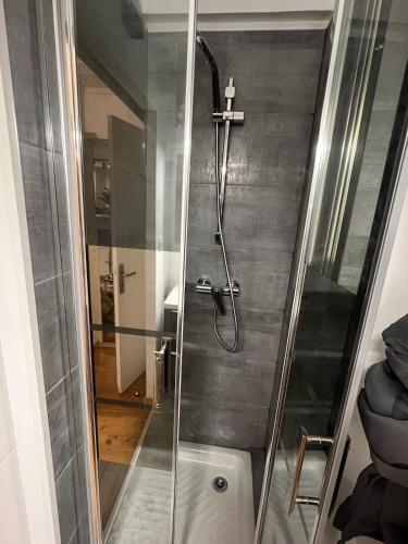 une douche avec une porte vitrée dans une salle de bain dans l'établissement Apartment Courchevel Méribel, à Courchevel