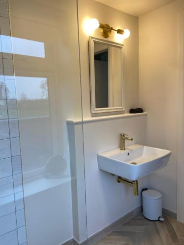 a bathroom with a sink and a shower at Willow Lodge Cashel- Rock View-Sleeps 8 guests-Spacious- Cosy in Cashel