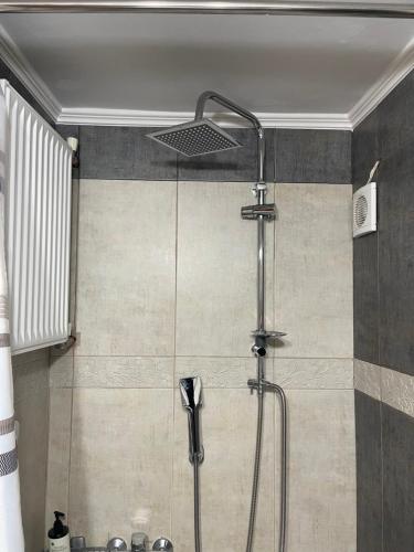 a shower with a shower head in a bathroom at Elegant Downtown Retreat in Kalamata