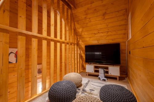 a room with wooden walls with chairs and a television at A villa in Marija Trošt