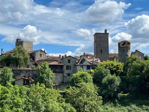 un vieux bâtiment avec des tours sur une colline avec des arbres dans l'établissement Deconnected village house, à Cardaillac