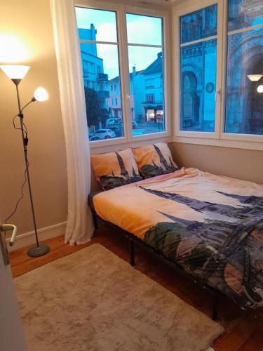 un lit dans une chambre avec une fenêtre dans l'établissement VUE DE REVE chambre dans APPARTEMENT DE STANDING - vous faites le ménage-Very good prices but you have to cle-an th-e flat, à Lourdes