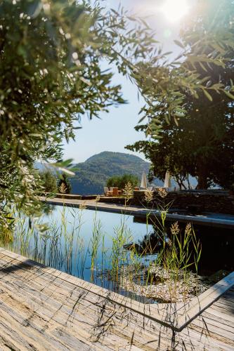 a view of a pool of water with mountains in the background at Quinta Vila Rachel - Winery in São Mamede de Riba Tua