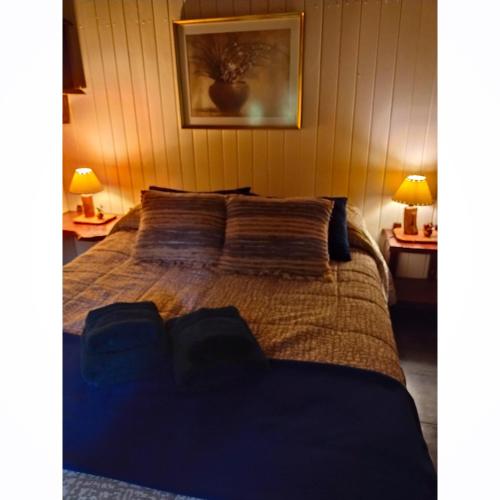 a bedroom with a large bed with two lamps at Cabañas Caramelo in Villa Ventana