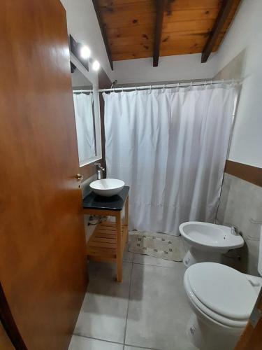 a bathroom with a toilet and a sink at Acacias in El Bolsón