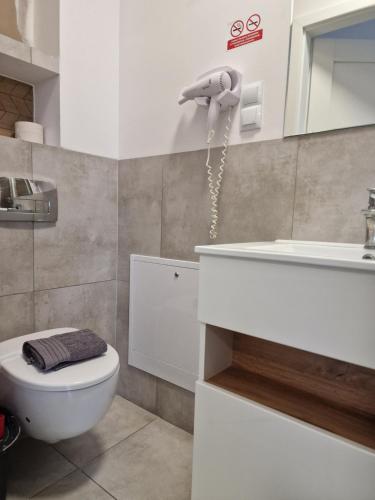 a bathroom with a toilet and a sink at Studio I Pokoje I Pokoje z łazienkami in Gdańsk