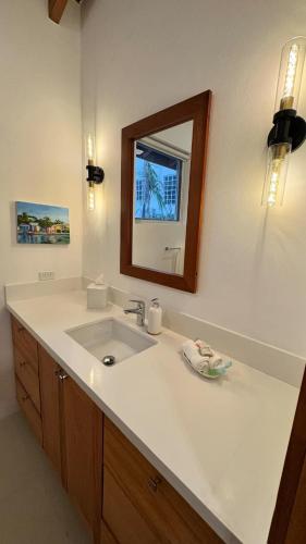 a bathroom with a sink and a mirror at Weezie's Ocean Front Hotel and Garden Cottages in Caye Caulker