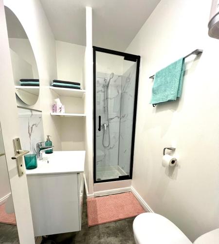 une salle de bain blanche avec une douche et un lavabo dans l'établissement Victoria, Wifi, Terrasse, Patio, TV, Centre Historique, Charme, à La Rochelle