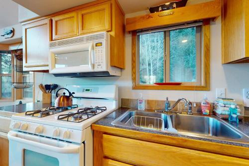 a kitchen with a sink and a stove and microwave at Whaleshead Wonderland in Carpenterville