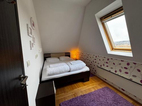 Un dormitorio pequeño con una cama y una ventana. en Apartment Meri in Kraljevi Cardaci, en Kopaonik